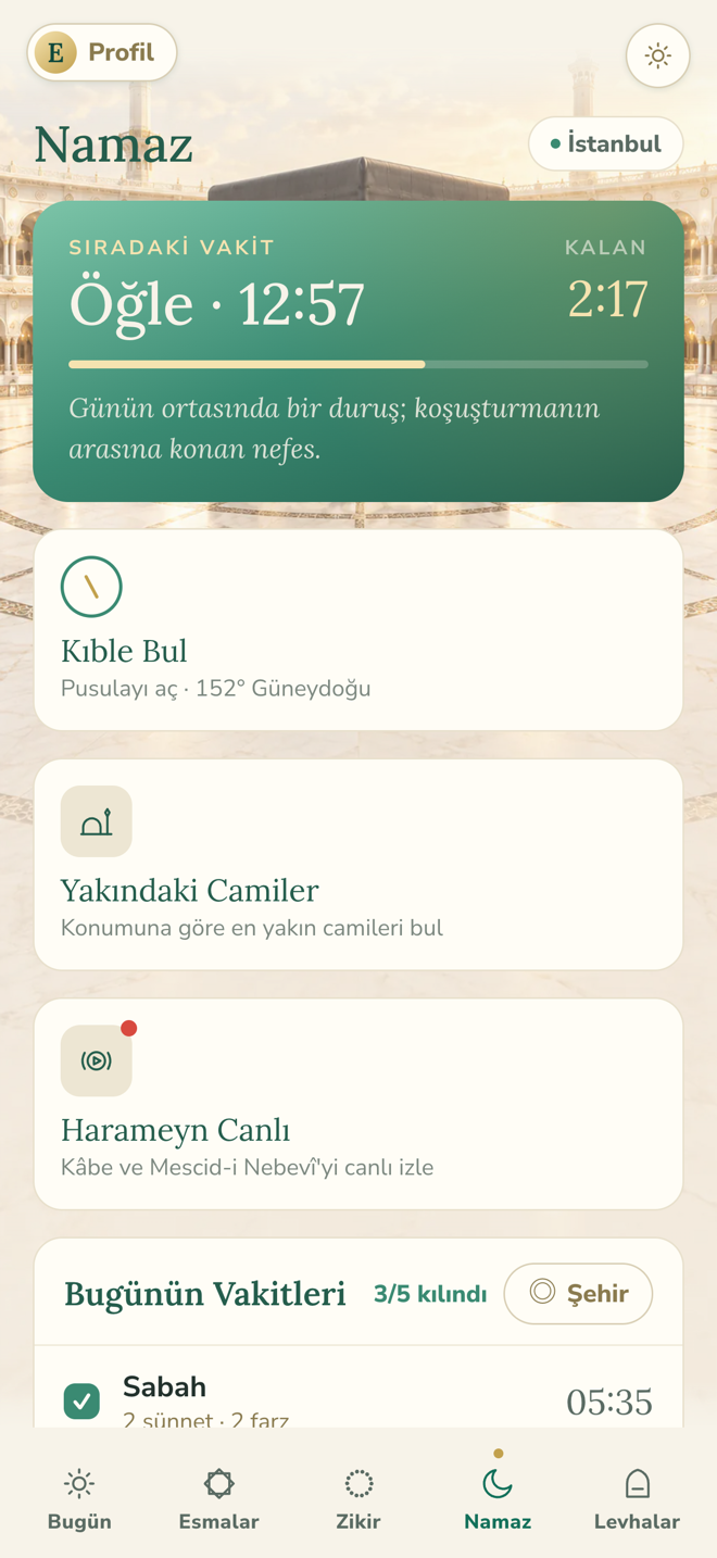 Vakitler, kalan süre, kıble ve yakındaki camiler